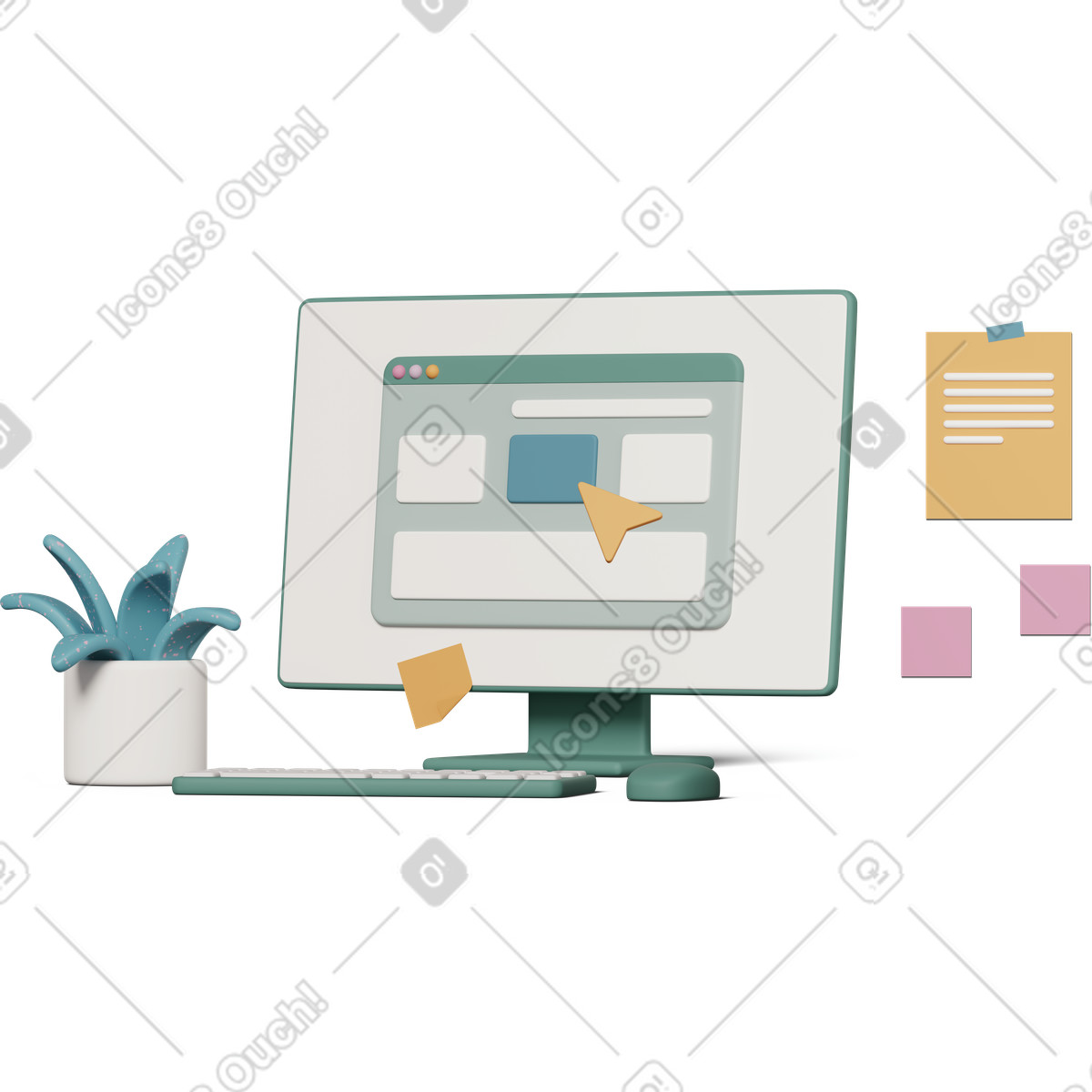 3D Casual life 스타일의 Monitor with plant and open window 일러스트레이션 PNG, SVG 다운로드