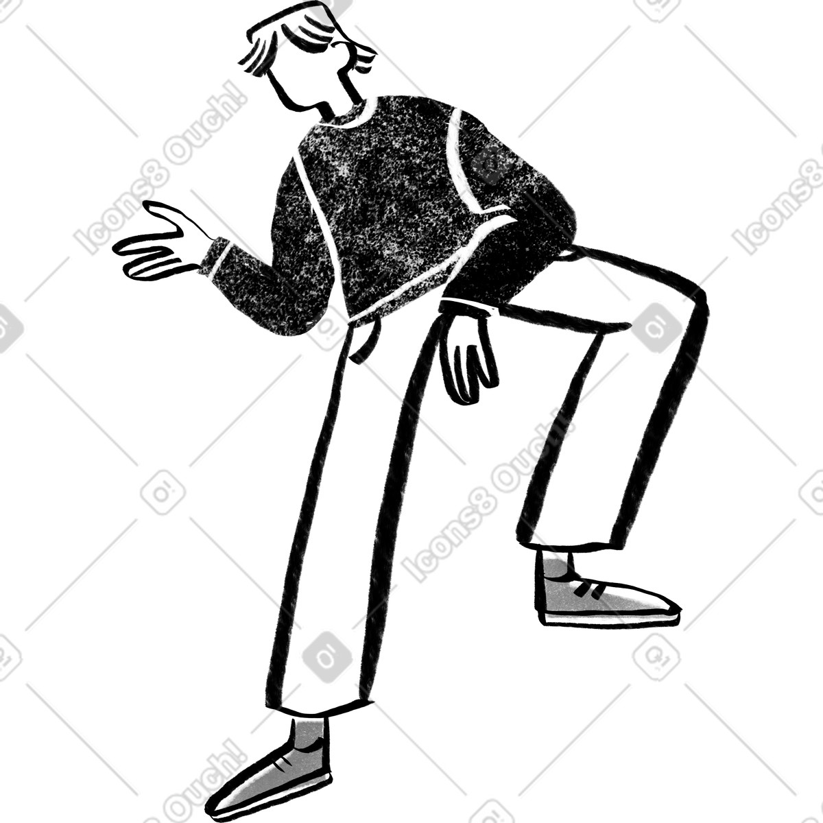 Company スタイルの Black and white long haired man talking with his leg on something のイラストをPNG、SVG形式でダウンロード