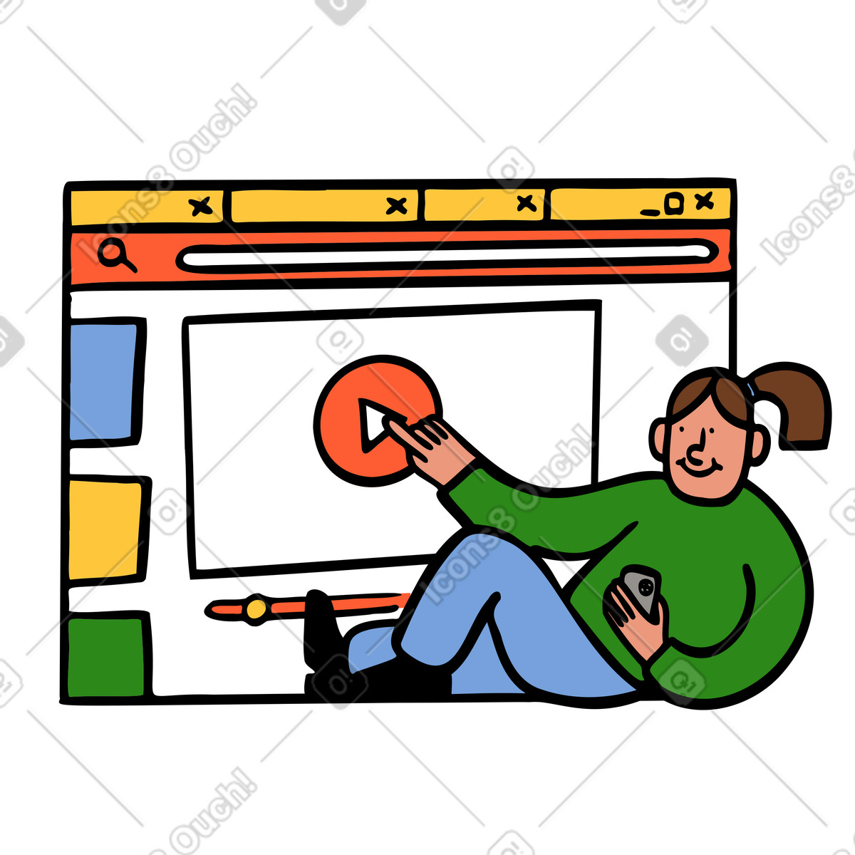 Consumare contenuti video e navigare in internet illustrazione stile Comic scarica PNG, SVG