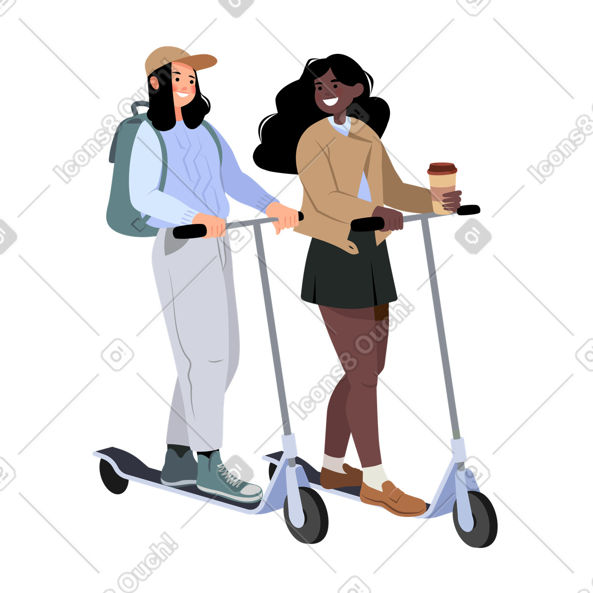 Due giovani donne in giro scooter illustrazione stile Lagom scarica PNG, SVG