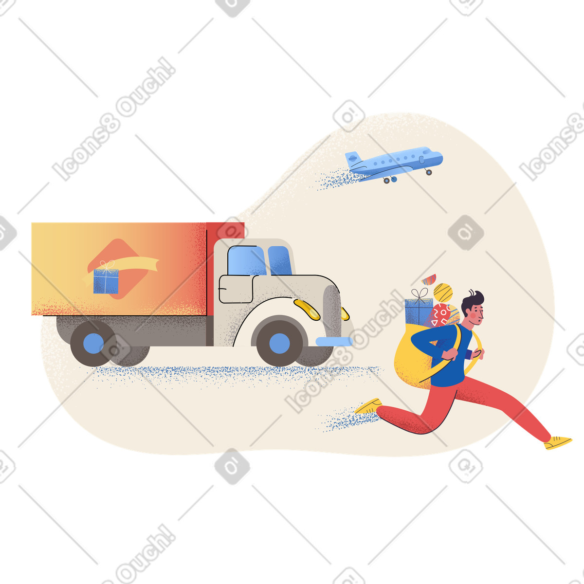 Corriere veloce con zaino che supera aereo e veicolo di consegna illustrazione in stile Pale scarica in PNG, SVG