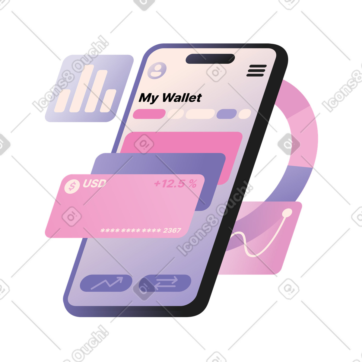 E-wallet with virtual credit cards animated illustration in Coworking style download in GIF, Lottie (JSON), AE