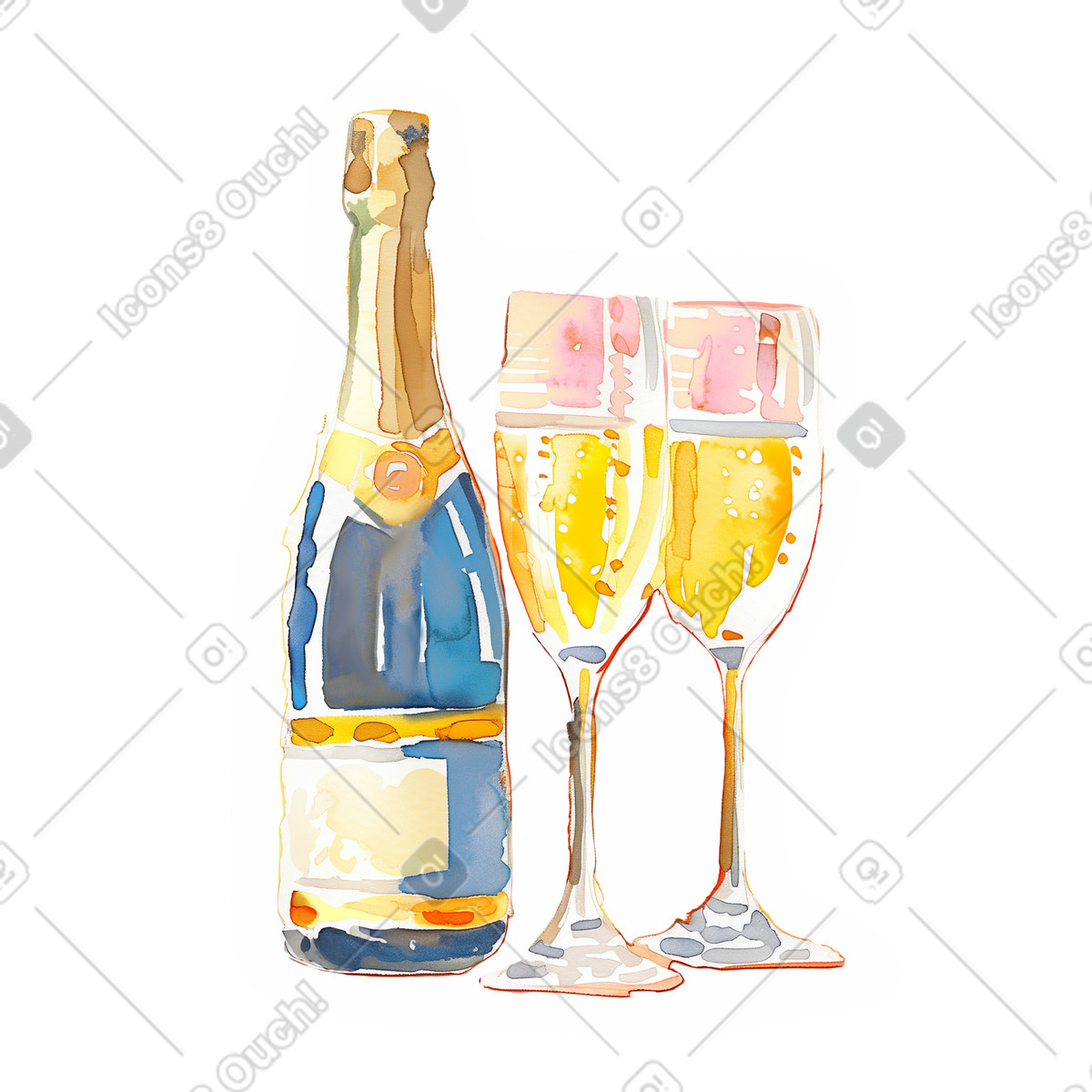 Champagne con bicchieri di vino illustrazione in stile Watercolor scarica in PNG, SVG