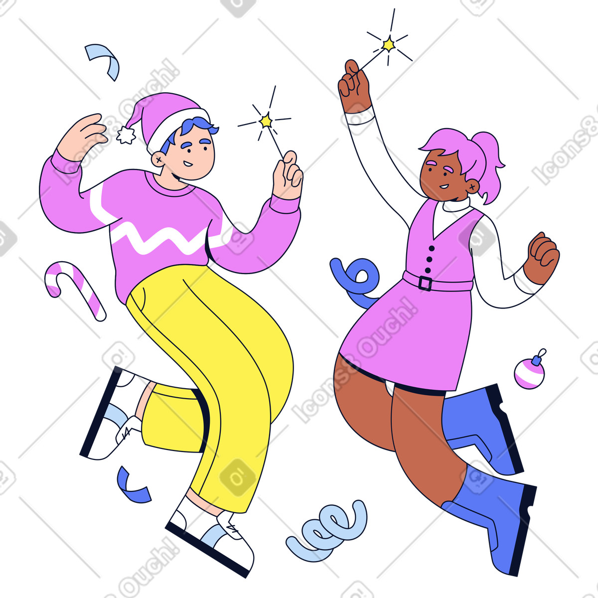 Flexy スタイルの Couple dancing with festive decorations, Christmas party and holiday celebration のイラストをPNG、SVG形式でダウンロード