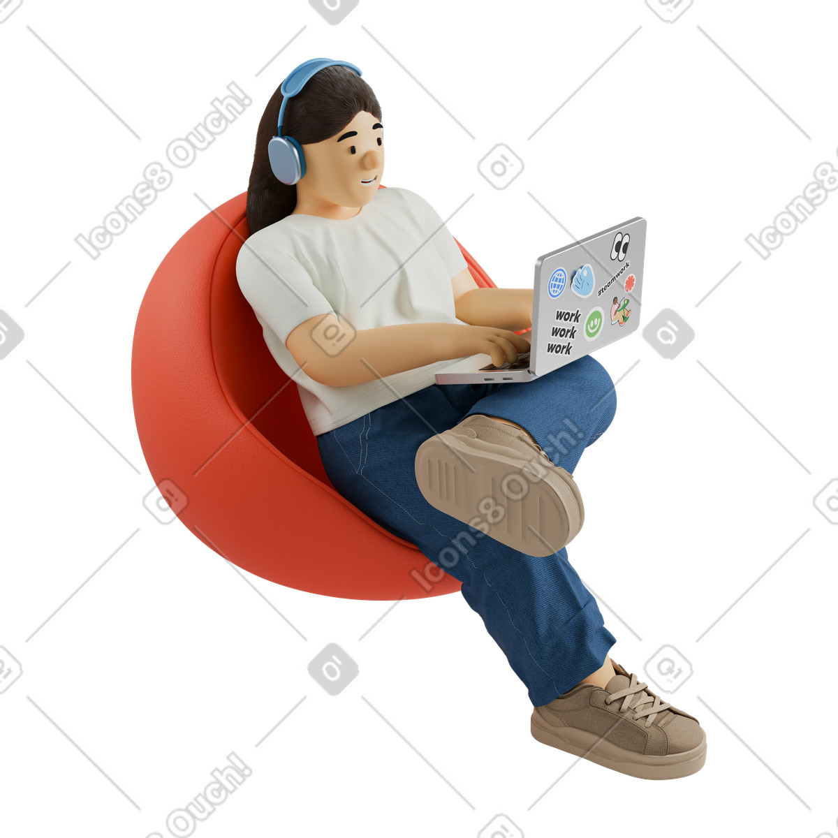 Working on laptop with headphones illustration, clipart for remote work productivity in graphics collection