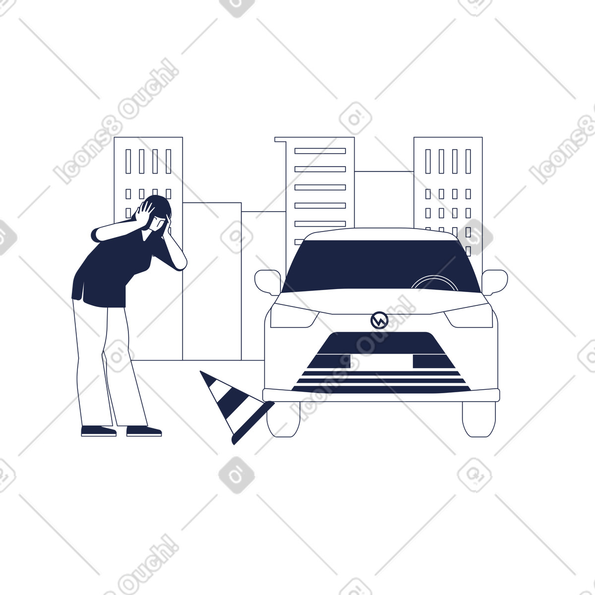 Passenger car ran over traffic cone, female driver is surprised and holds her head with both hands illustration in Urban Line style download in PNG, SVG