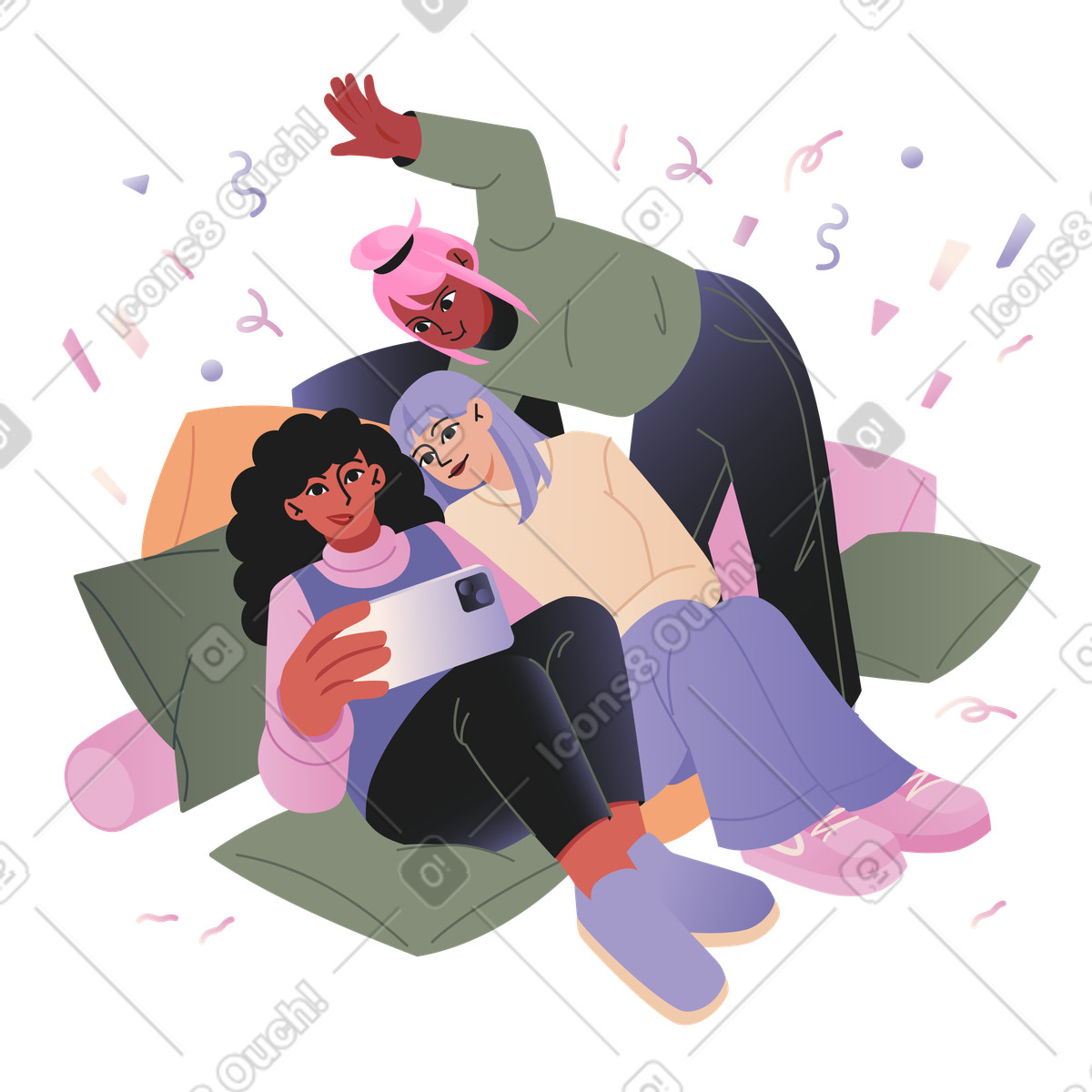 Giovani donne che scattano selfie a una festa illustrazione in stile Coworking scarica in PNG, SVG