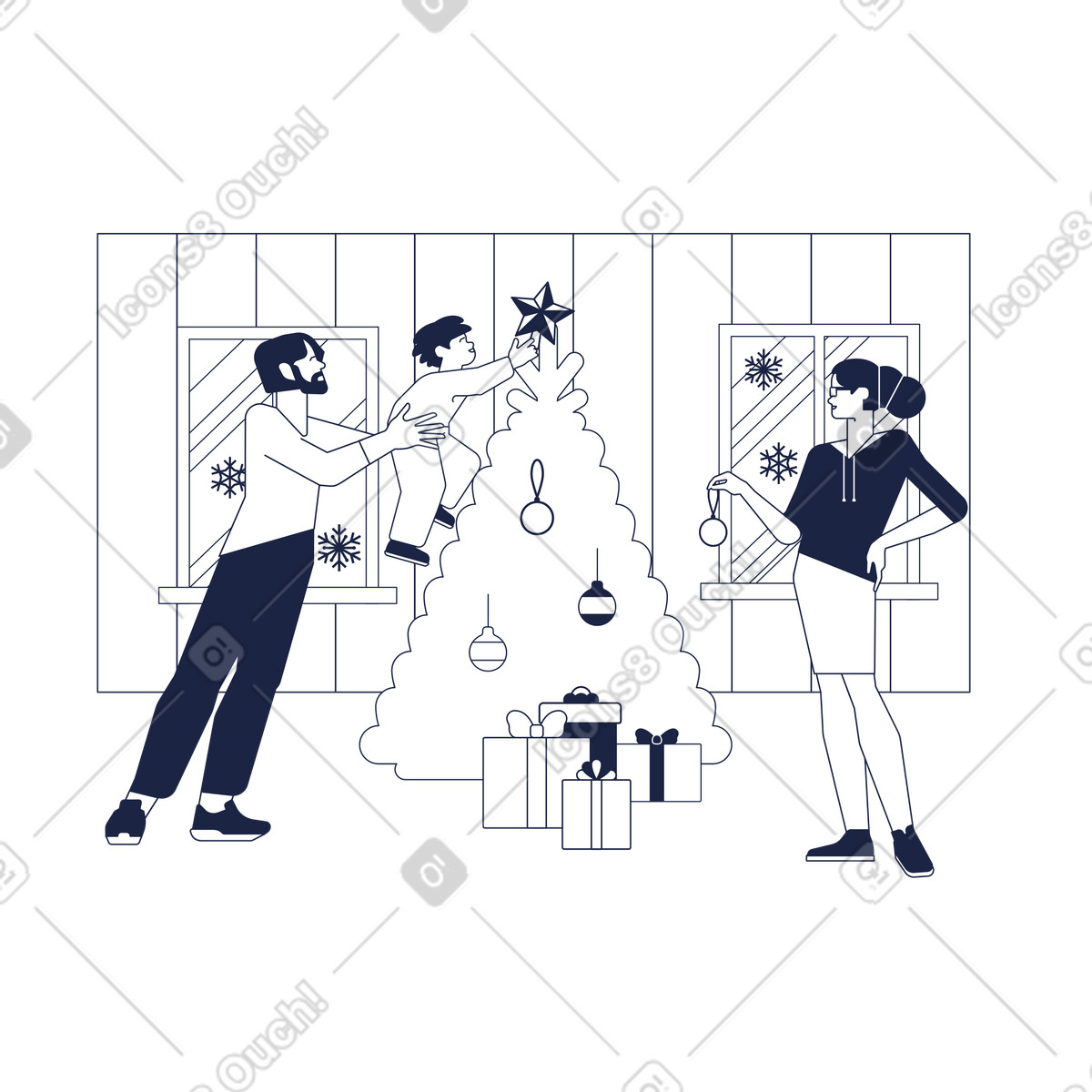 Ilustración Familia joven decorando el árbol de navidad en estilo Urban Line a descargar en PNG y SVG