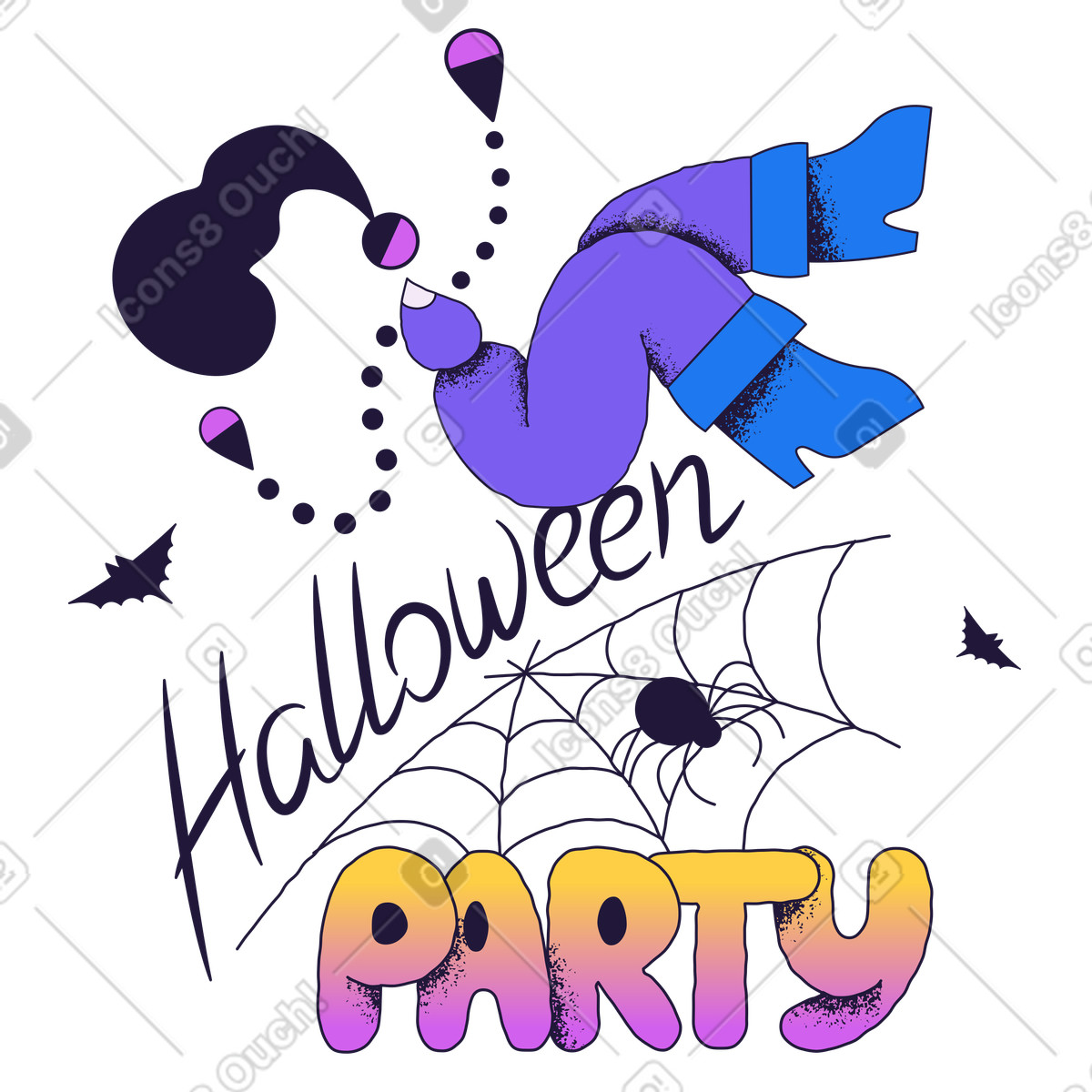 Halloween-party-schriftzug und frau, die auf einem spinnennetz sitzt-Illustration im Conifer-Stil als Download in PNG, SVG