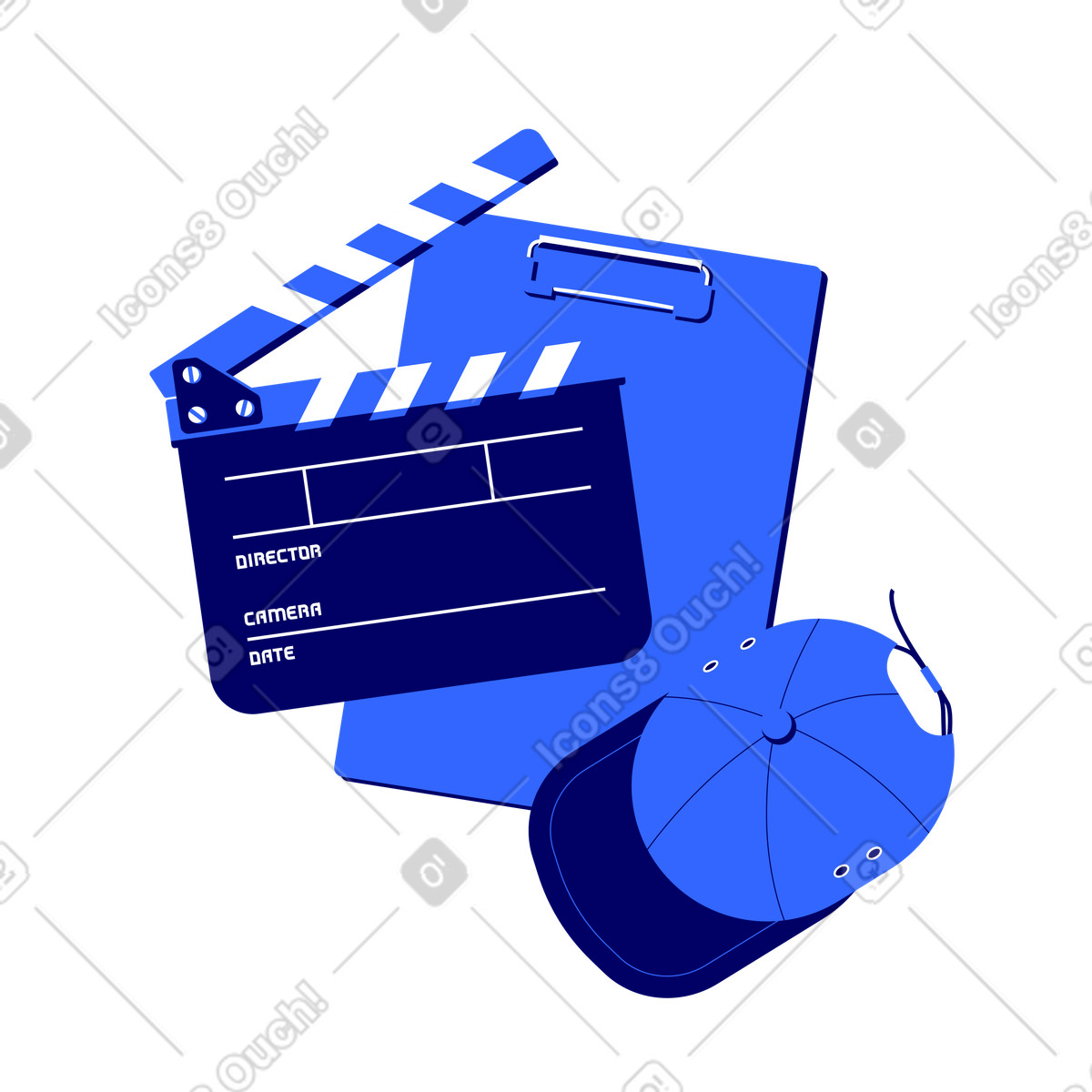 Lounge スタイルの 映画クラッパーボード、クリップ付きクリップボード、野球帽 のイラストをPNG、SVG形式でダウンロード