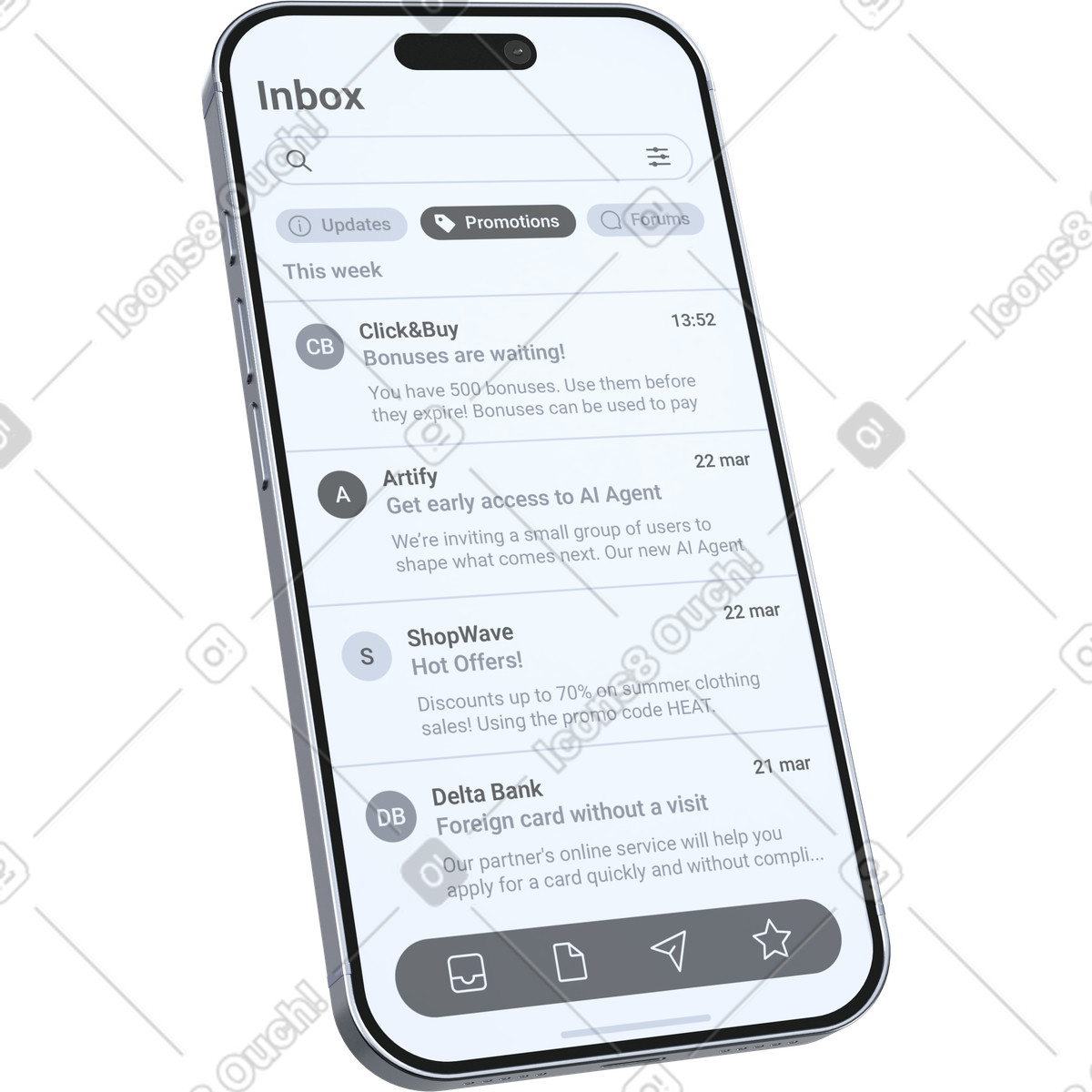Email inbox app, Mobile mail client, Smartphone messaging interface illustration in 3D Pro style download in PNG, SVG