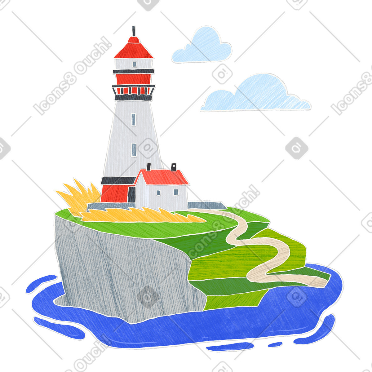 Large white and red lighthouse standing on a mountain surrounded by water-Illustration im Crafty-Stil als Download in PNG, SVG