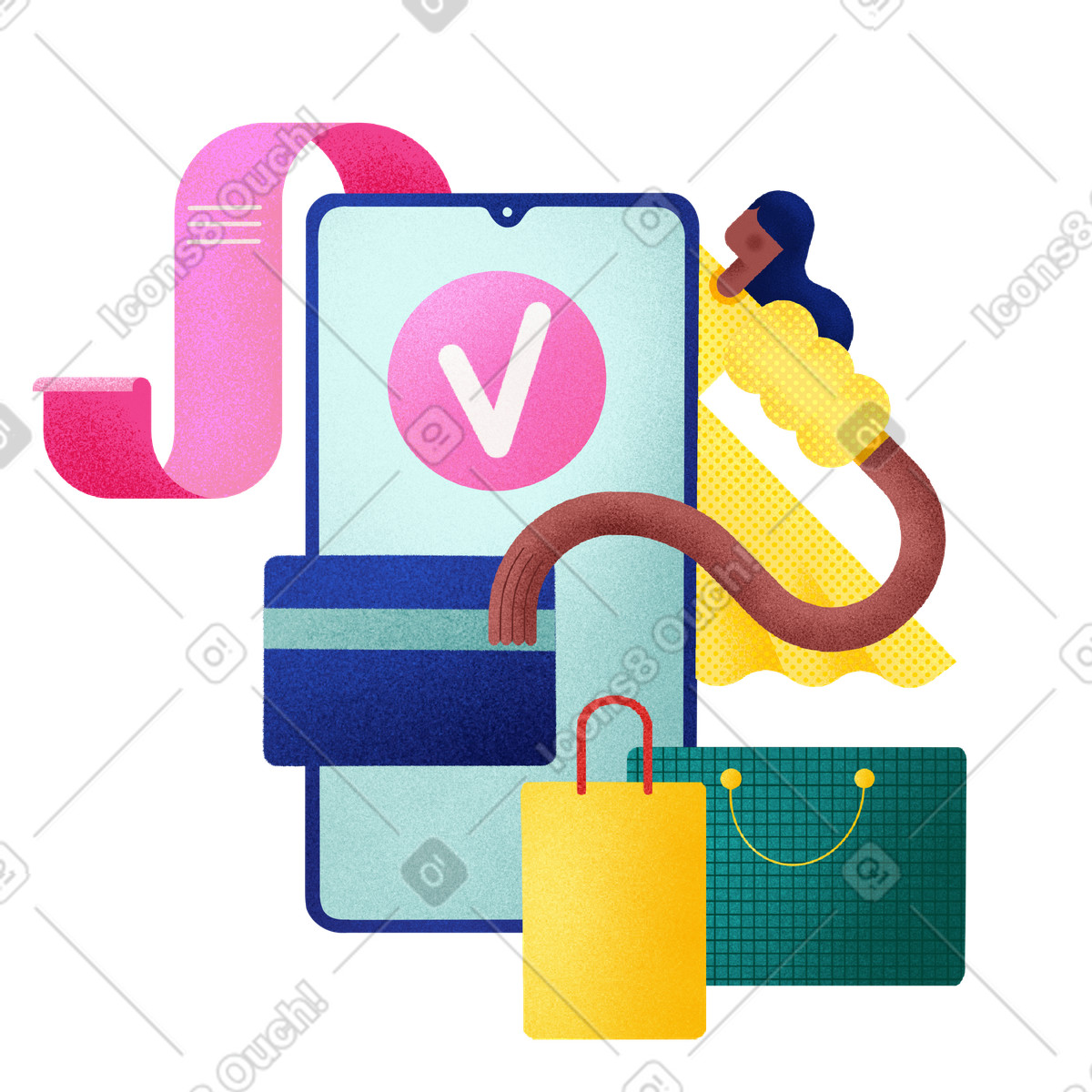 Illustration Fille en robe jaune a payé son achat utilisant téléphone dans le style Willowy à télécharger aux formats PNG, SVG
