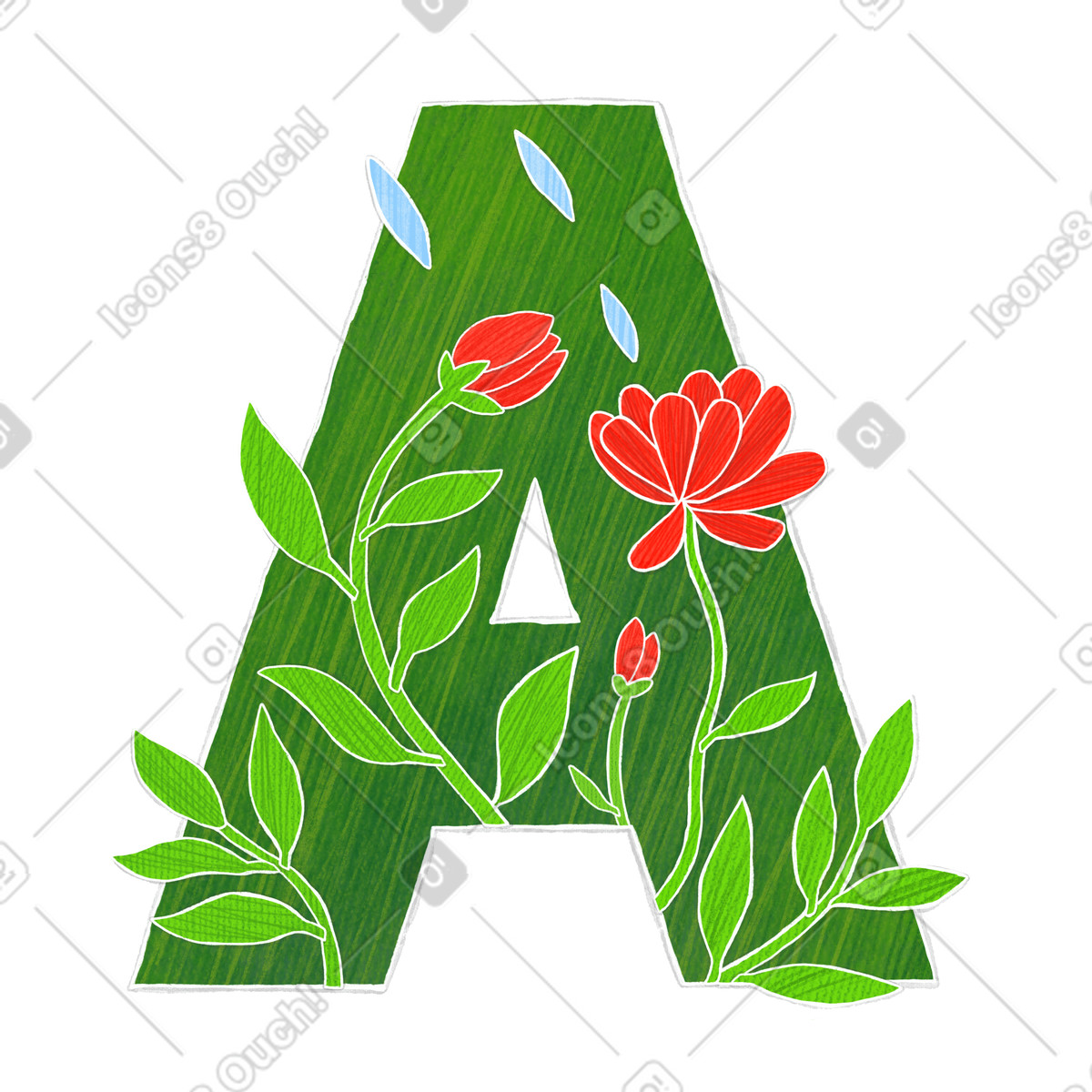 Large green letter a with red flowers illustration in Crafty style download in PNG, SVG