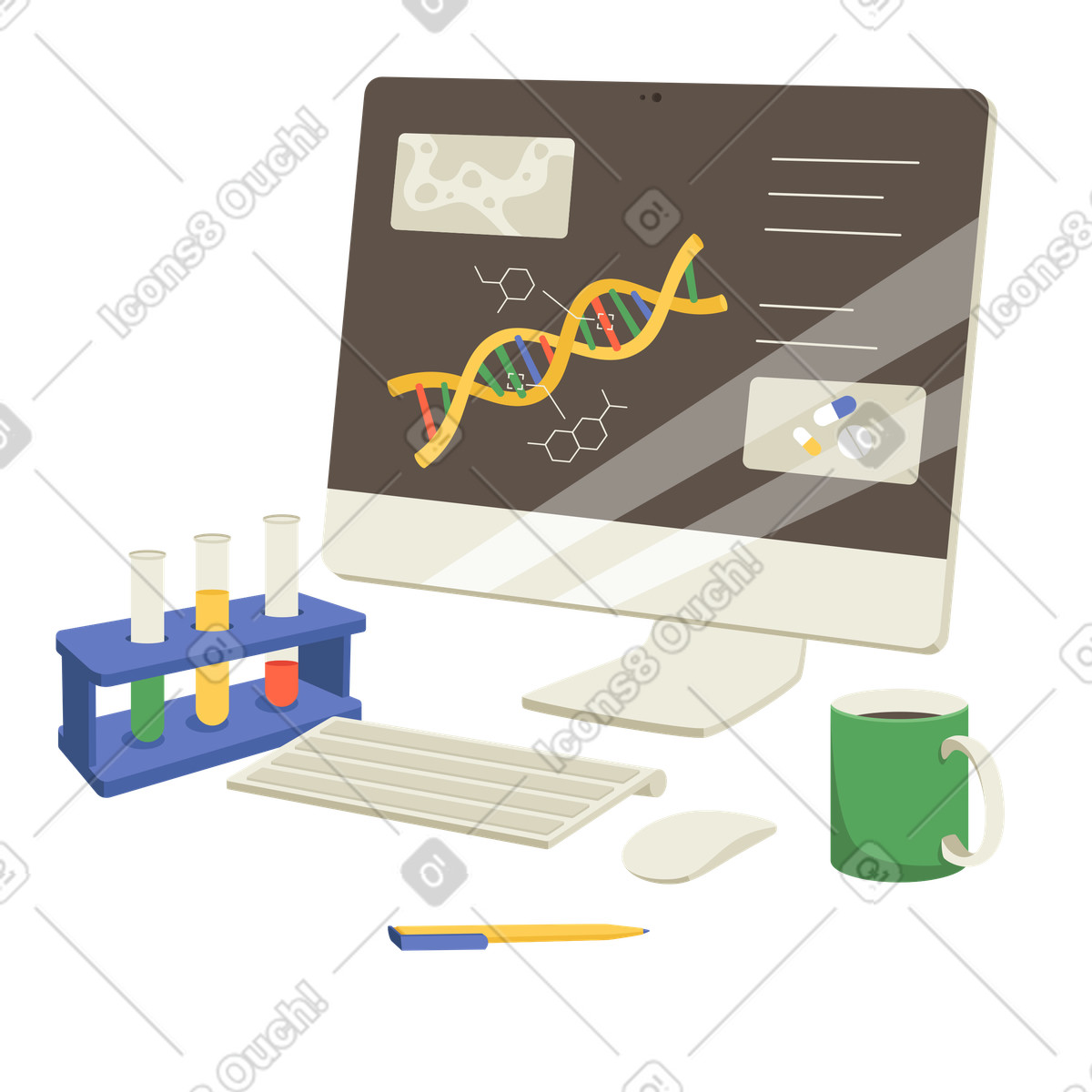 Genetic engineering on screen and lab equipment-Illustration im Social-Stil als Download in PNG, SVG
