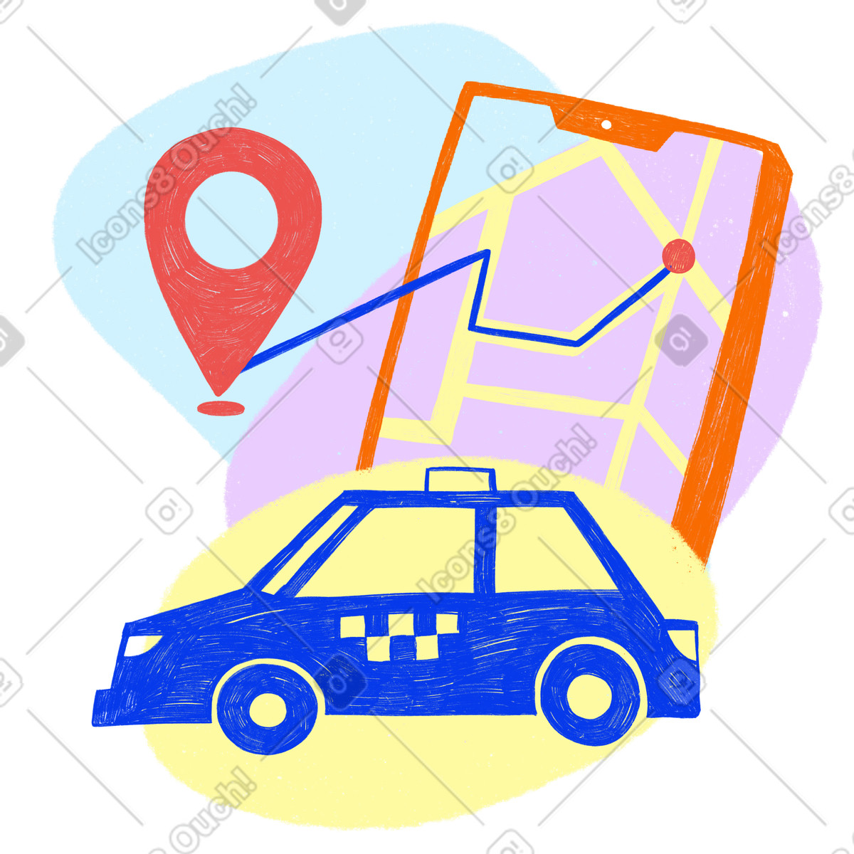 Ordinare un taxi tramite l'app del telefono illustrazione in stile Biro scarica in PNG, SVG