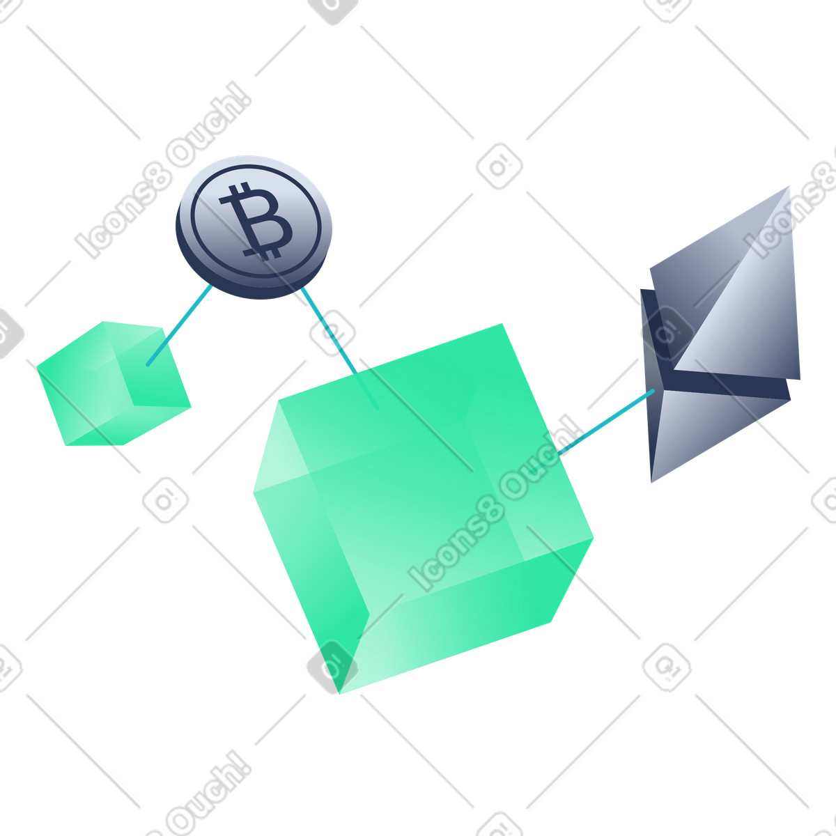 Blockchain with bitcoin and ethereum illustration in PNG, SVG