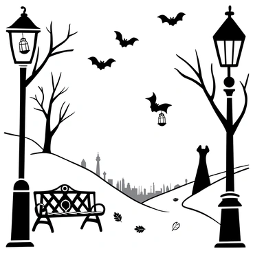 A group of bats with detailed wings flying through a misty park, each carrying a small lantern that casts a soft glow. The park features ornate Victorian lampposts partially shrouded in thick mist, and intricately designed wrought iron benches can be seen peeking through the fog. Tall, leafless trees with twisted branches rise in the background, adding to the atmosphere. The ground is covered with fallen leaves, and faint outlines of distant statues can be observed in the haze.