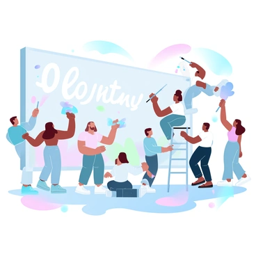 A diverse group of individuals is actively painting a large mural on a wall in a community space. The group consists of people of different ethnicities, genders, and ages, each holding paintbrushes and palettes filled with vibrant colors. Some individuals are working at the bottom of the mural, while others are reaching up on ladders to add details at the top. Paint splatters and colorful strokes are visible on their clothing and the floor around them. The mural features a variety of patterns and shapes, showcasing themes of unity and diversity. Bright sunlight streams into the space, illuminating the scene and enhancing the bright colors of the paint.