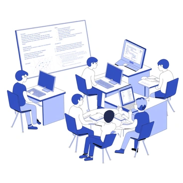 A busy computer science lab filled with students engaged in various projects. There are desks equipped with computers, each displaying different coding interfaces and software applications. Some students are focused on their screens, while others are discussing ideas with peers. A whiteboard in the background is covered with diagrams and notes related to programming concepts. A few students are collaborating around a table, with laptops and books open in front of them. The atmosphere conveys a sense of creativity and teamwork as students work on coding, troubleshooting problems, and sharing knowledge.