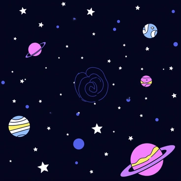 A vast outer space scene filled with numerous planets of varying colors and sizes. There are bright, twinkling stars scattered throughout the deep black background. In the distance, a spiral galaxy can be seen, its luminous arms extending outward with a soft glow. Each planet is distinctly textured, with details like rings or craters, and the stars shine in a range of sizes and brightness. The overall composition conveys the infinite expanse of the cosmos.