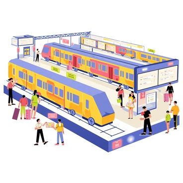 A bustling railway station filled with activity. Several colorful trains are seen arriving and departing on the tracks. Travelers of various ages and backgrounds are moving about, some carrying luggage while others check schedules on large display boards. Groups of people are chatting in clusters, and a vendor is selling snacks from a small kiosk. The atmosphere is lively and dynamic, with the sound of train whistles and announcements in the background. Brightly lit signs and posters adorn the station's walls.