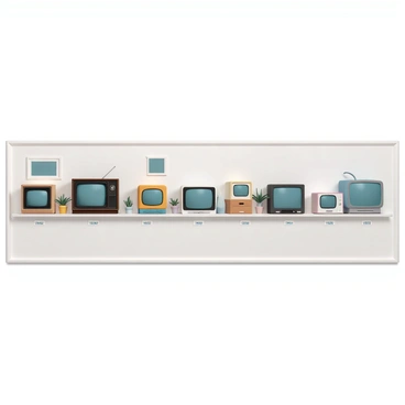 A gallery wall showcasing a timeline of televisions from various decades. The wall is divided into sections, each featuring a different style of television. The first section displays a vintage, box-style television from the 1950s, with wood paneling and a round screen. The next section features a sleek, black-and-white television from the 1960s with knobs and antennas. Following that, there is a brightly colored, bulky television from the 1970s, complete with a built-in wooden cabinet. The 1980s section showcases a compact, portable TV with a handle. Next, a flat-screen television from the early 2000s is depicted, mounted on the wall with a stylish design. Finally, the last section highlights a modern, ultra-slim smart TV with a vast screen, showing vibrant colors. Each television is labeled with its decade and model, and there are subtle decorative elements like picture frames and plants surrounding the wall.