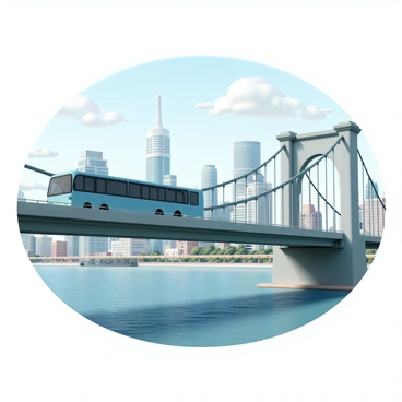 A large blue bus is driving across a famous American bridge, which features large steel arches and cables. The bridge spans a wide river, and in the background, a panoramic view of a vibrant city skyline is visible. Skyscrapers with glass facades reflect the sunlight, while the river below sparkles. The sky is clear with a few fluffy white clouds, and the scene captures the essence of urban life and transportation.