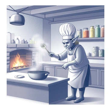 A goblin chef stands in a rustic kitchen, focused intently on the pot simmering over an open fire. The goblin has large ears, sharp features, and wears a stained apron. He is stirring the pot with a wooden spoon, steam rising into the air, blending with the earthy scents of various ingredients. Surrounding him are shelves filled with jars of colorful spices and vegetables. Above the fire, cast iron cookware hangs, ready to be used. The kitchen has a warm, inviting atmosphere, with wooden beams across the ceiling and a stone fireplace.