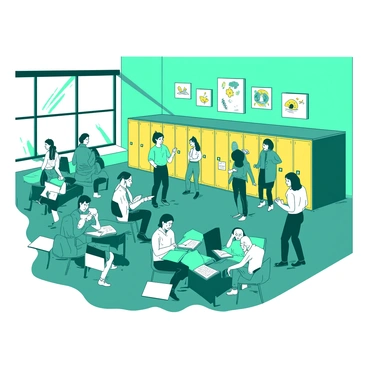 A teal school annex filled with students and teachers interacting with each other during a busy morning. Groups of students are gathered in clusters, some are chatting animatedly while others are focused on their books. Teachers are moving through the aisles, discussing lessons and offering assistance. Bright yellow lockers line the walls, and colorful artwork created by students is displayed prominently. A large window allows sunlight to stream in, illuminating the lively atmosphere of the annex.