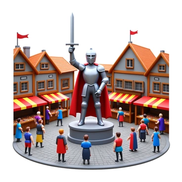 A grand statue of a legendary knight, depicted in shining armor and holding a sword raised high, stands in the center of a bustling medieval town square. The knight's face is chiseled and determined, showcasing bravery and honor. Surrounding the statue, townsfolk in period-appropriate clothing engage in lively conversation. Stalls filled with colorful goods line the cobblestone streets, and banners flutter in the breeze, adding vibrancy to the scene. In the background, quaint stone buildings with wooden beams complete the picturesque setting.