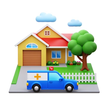 A delivery car with a bright logo is pulling up to a cozy suburban home. The home features a well-manicured lawn with a white picket fence and colorful flower beds. The driveway is paved, leading up to the garage door that is slightly open. The car is positioned near the front porch, which has a welcoming doormat and a few potted plants. A tree provides shade nearby, and the sky is clear with a few fluffy clouds.