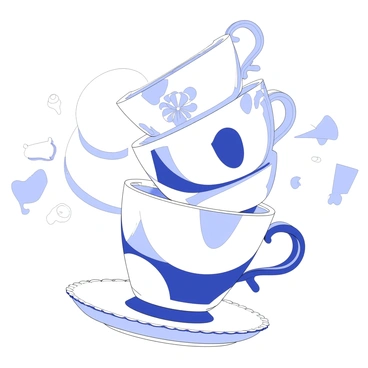 A precarious stack of mismatched tea cups and saucers