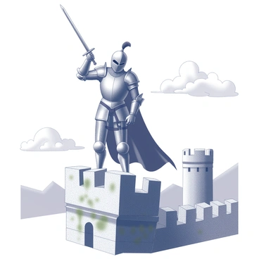A medieval knight in full armor stands in a heroic pose on a castle rampart. The knight is wearing a helmet with a plume and gripping a sword high in one hand. The armor is intricately detailed, showing signs of wear from battle. The knight faces forward, looking determined, with a flowing cape billowing behind. The castle rampart is made of stone, featuring battlements that are partially covered in moss. In the background, there are clouds in the sky and the silhouette of distant mountains. The scene captures an atmosphere of strength and valor.