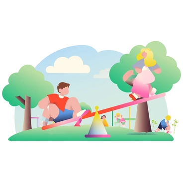 A colorful seesaw is placed in the center of a playground filled with green grass. On one side of the seesaw, a boy with short brown hair wearing a red t-shirt and blue shorts is sitting, pushing down with his legs. On the other side, a girl with long blonde hair in a pink dress is perched, lifting her side into the air. Around them, there are several trees providing shade, and a brightly colored jungle gym can be seen in the background. Other children are playing nearby, some on swings and others running around, creating a lively atmosphere. The sky above is clear blue with a few fluffy white clouds.