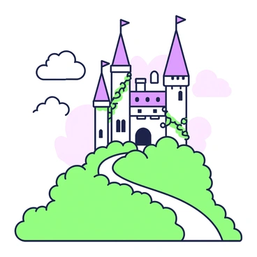 A fantasy castle is perched on a hill, featuring multiple towers topped with triangular flags. The castle has a variety of architectural styles, with turrets, battlements, and arched windows. Vines and flowers entwine around the base of the castle, adding a touch of whimsy. In the foreground, a winding path leads up the hill, bordered by lush greenery. The sky above is dotted with fluffy clouds, providing a sense of depth and expanse.
