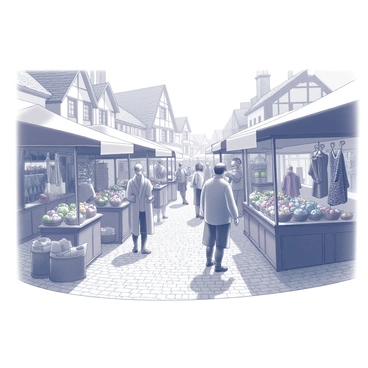 A busy medieval village market scene filled with various stalls. Each stall is adorned with canopies and displays a variety of items for sale. One stall features an assortment of fruits, with baskets overflowing with apples, oranges, and berries. Another stall showcases vibrant fabrics, draped beautifully, with patterns and textures visible. The villagers are interacting, some examining the goods while others engage in conversation. Cobblestone pathways wind through the market, with a backdrop of quaint, timber-framed buildings under a clear sky.