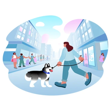 A husky with a thick, fluffy coat is being walked by a person on a leash. The person is wearing a light jacket and jeans, and is holding the leash firmly. The city street is bustling with activity, featuring pedestrians walking by, some carrying shopping bags. Tall buildings line the street, with shop windows displaying colorful merchandise. In the background, a coffee shop with outdoor seating is visible, and a few bicycles are parked nearby. The sky above is painted in gradient pastel colors, transitioning softly from blue to pink.