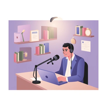 A CEO speaking into a microphone while recording a business podcast in a studio. The CEO is a middle-aged man with short dark hair, wearing a blue suit and a white shirt. He is sitting at a wooden desk with a laptop open in front of him. A large microphone is positioned in front of him, and he has a pair of headphones on. Behind him, there are soundproof panels on the walls and shelves filled with books and awards. The studio has soft, warm lighting that creates a professional atmosphere. A "Podcast Recording" sign is visible on the wall.