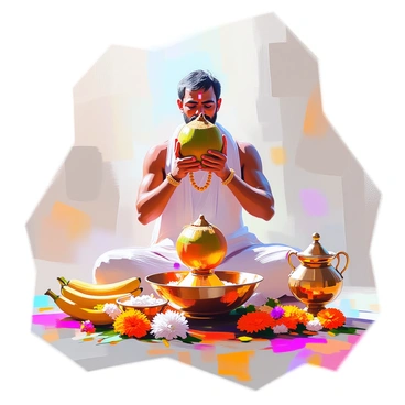 A priest with dark skin, wearing traditional white garments and a red-bordered dhoti, stands in a vibrant wedding setting. He is holding a beautifully decorated coconut, adorned with colorful flowers and intricate patterns. The coconut is presented in both hands, elevated as part of the sacred ceremony. Surrounding him, there are various offerings such as banana leaves, bright marigolds, and brass vessels, creating a rich atmosphere of celebration. Soft light filters through the decorations, highlighting the intensity of the ritual.