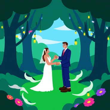 A couple in formal attire exchanging vows under a canopy of ancient trees in a mystical forest. The forest is illuminated by numerous twinkling lights hanging from branches, casting a soft glow around them. The couple stands on a carpet of vibrant green moss, surrounded by delicate flowers in various colors. Wisps of mist swirl around their feet, adding an enchanting atmosphere. The sky above is barely visible through the dense foliage, dotted with sparkling stars peeking through the leaves.