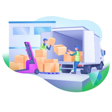 A scene at a loading dock where workers are loading several cardboard boxes onto a delivery truck. The truck is parked with its rear doors open, revealing a spacious cargo area. Two workers, one wearing a safety vest and the other in a blue cap, are lifting and stacking the boxes carefully. Surrounding them are more boxes piled up on the dock, and a pallet jack is nearby. The loading dock has a concrete floor and a bright blue sky above.