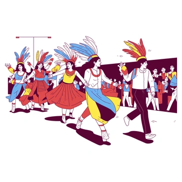 A group of dancers is moving energetically along a parade route. Each dancer is wearing unique and colorful attire, with patterns and designs that reflect the vibrancy of a festival atmosphere. Some dancers are adorned with large feathered headdresses in various colors, while others have intricate beadwork and shimmering fabrics. The dancers are in different dynamic poses, showcasing their skills and enthusiasm. In the background, there are spectators watching and enjoying the lively performance, adding to the festive ambiance of the scene.