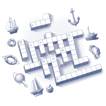 A large crossword puzzle layout with a nautical theme. The puzzle grid is filled with black and white squares, forming various words related to the sea. Illustrated sea vessels, such as "a sailboat," "a steamship," and "a fishing trawler," are positioned near the corresponding clues. Around the crossword, there are depictions of marine equipment, including "an anchor," "a lifebuoy," and "a compass," each labeled clearly. The overall composition is well-organized, inviting viewers to engage with the crossword while enjoying the maritime illustrations.