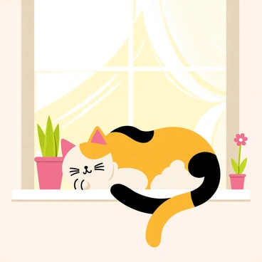 A calico cat with a patchwork of orange, black, and white fur is peacefully napping on a cozy windowsill. Soft rays of sunlight are streaming in, creating a warm golden glow around the cat. The windowsill is adorned with small potted plants, including a green succulent and bright flowers. A light, sheer curtain flutters gently in the breeze, adding to the tranquil atmosphere. The cat's body is curled up comfortably, with its paws tucked under its chin, exuding a sense of calm and relaxation.