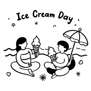 Two children sitting on the sandy beach, each holding a large ice cream cone. The first child is wearing a striped swimsuit and has a cone with multiple scoops of ice cream, while the second child is wearing a bright t-shirt and has a cone topped with a single scoop. The background features a gentle wave lapping at the shore and a beach umbrella casting a shadow nearby. The words "Ice Cream Day" appear above the children, surrounded by small beach-themed illustrations like seashells and starfish.