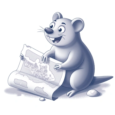 A wombat is sitting on its haunches, studying a treasure map laid out in front of it. The map is detailed, showing various landmarks and an 'X' marking the treasure location. The wombat has wide, expressive eyes and raised ears, conveying an excited expression as it examines the map with curiosity. Its fur is textured, highlighting the round shape of its body. In the background, there are hints of a grassy landscape and scattered rocks, creating a natural setting.