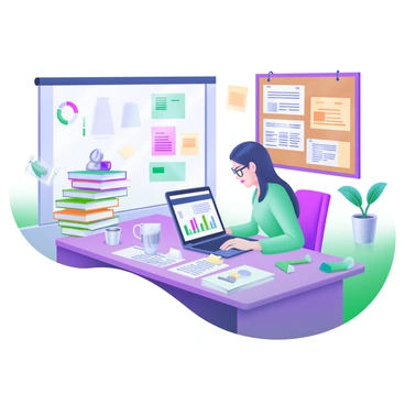 A researcher is seated at a cluttered wooden desk in an office filled with stacks of papers and books. The researcher, a middle-aged woman with glasses, is intently analyzing data displayed on a laptop screen. Multiple charts and graphs representing media bias are visible on the screen. Around the desk, there are colorful sticky notes, coffee mugs, and a large corkboard pinned with various articles and clippings related to media. A potted plant is placed near the window, letting in soft light that highlights the busy environment.