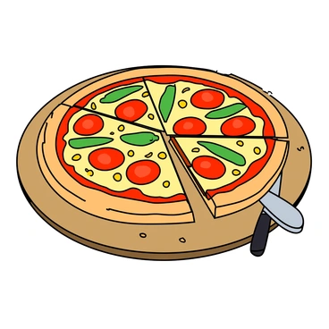 A round pizza on a wooden cutting board, with a variety of colorful toppings including bright red pepperoni, green bell peppers, and yellow corn. The pizza is sliced into eight equal pieces, showing seven pieces missing, leaving just one slice remaining. The crust is golden brown and slightly charred, with melted cheese oozing between the toppings. The cutting board has a few scattered crumbs and a small knife resting beside the pizza.