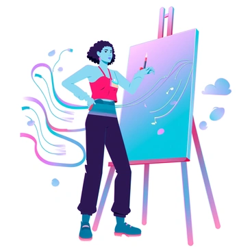 An artist with medium skin tone and short curly hair is standing in front of a large canvas. They are holding a paintbrush that trails vibrant colors as they paint. Each stroke from the brush transforms into flowing musical notes that dance around the canvas, intertwining with splashes of color. The background is filled with abstract shapes, reminiscent of sound waves, enhancing the theme of creativity. The artist's focused expression reflects their deep connection with the painting process, as the air is alive with the merging of visual art and music.